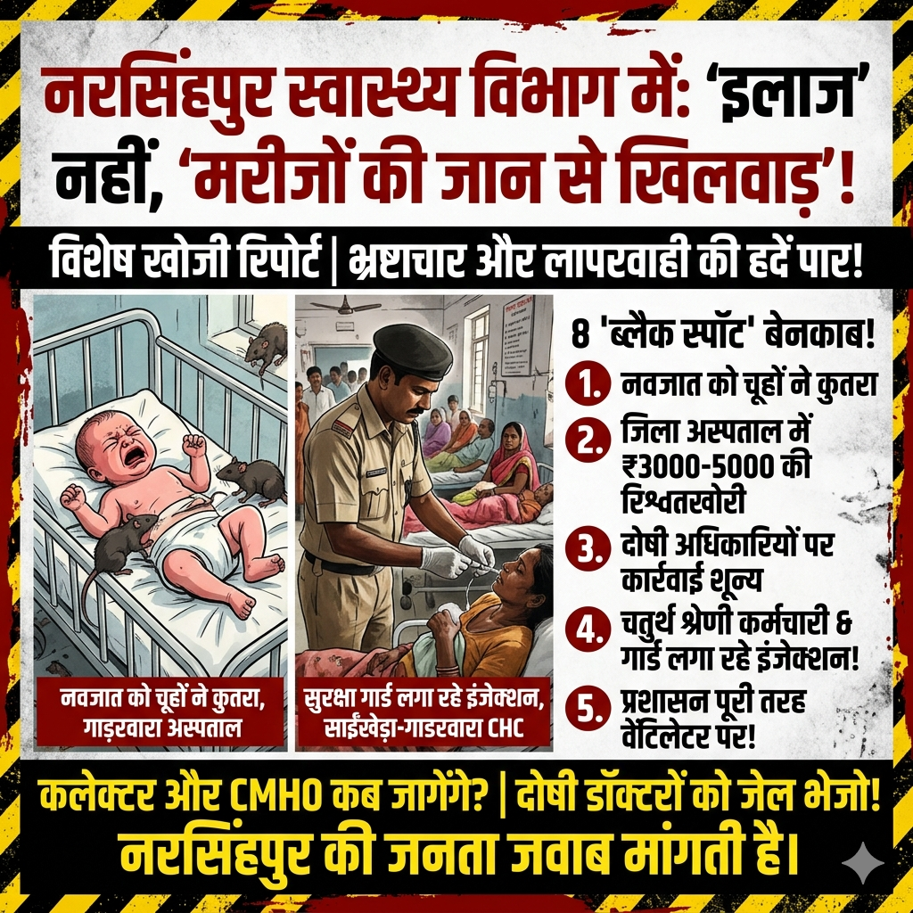 मध्यप्रदेश नरसिंहपुर स्वास्थ्य विभाग में 'इलाज' नहीं, 'मरीजों की जान से खिलवाड़' ​भ्रष्टाचार और लापरवाही की हदें पार