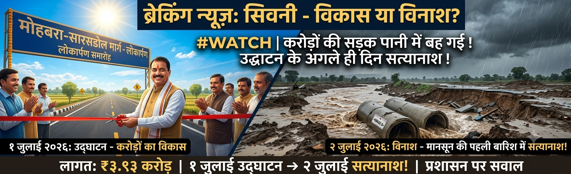 ब्रेकिंग न्यूज़: सिवनी में भ्रष्टाचार की भेंट चढ़ी करोड़ों की सड़क; उद्घाटन के अगले ही दिन पानी में बही