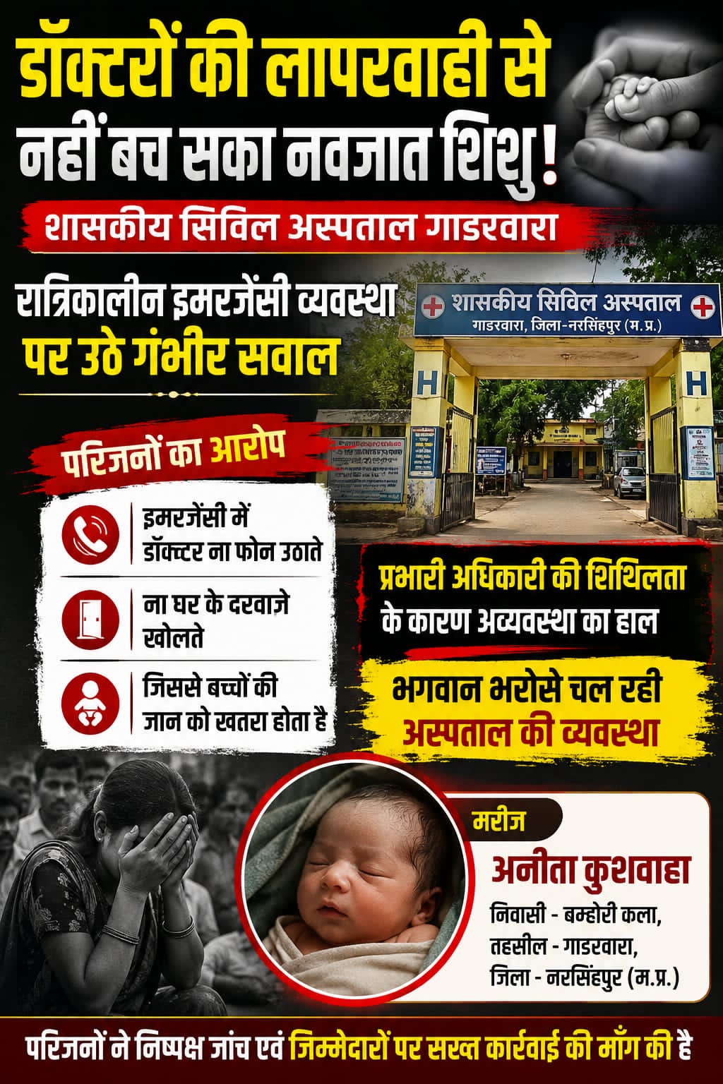 नरसिंगपुर डॉक्टरों की कथित लापरवाही से नहीं बच सका नवजात शिशु : शासकीय सिविल अस्पताल गाडरवारा  रात्रिकालीन इमरजेंसी व्यवस्था पर उठे सवाल, परिजनों ने लगाए गंभीर आरोप