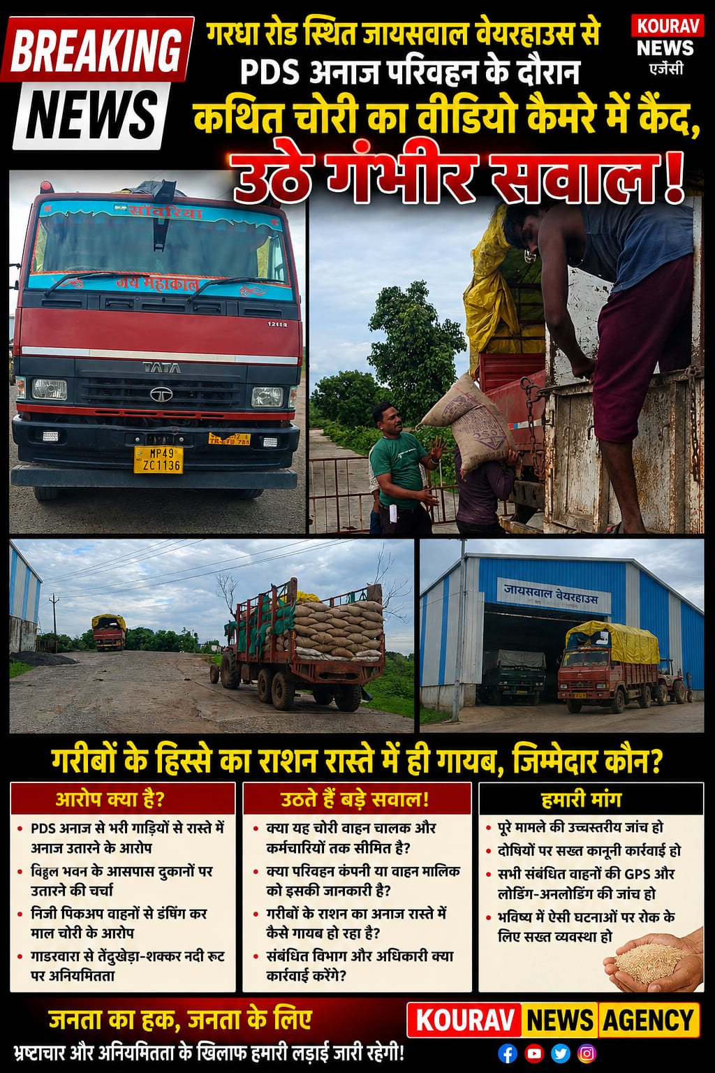 गाडरवारा गरधा रोड स्थित जायसवाल वेयरहाउस से PDS अनाज परिवहन के दौरान कथित चोरी का वीडियो कैमरे में कैद, उठे गंभीर सवाल