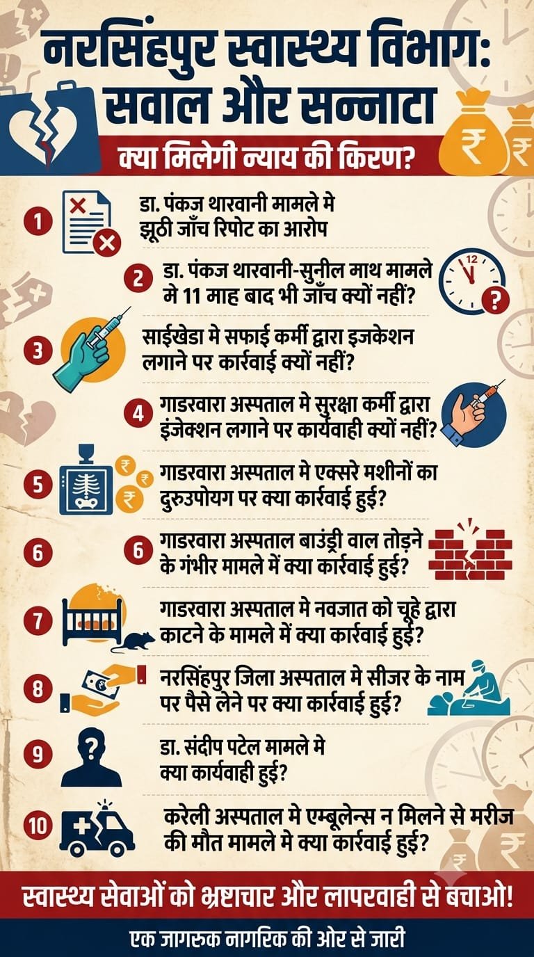 नरसिंगपुर स्वास्थ्य व्यवस्था या लापरवाही का अड्डा? नरसिंहपुर स्वास्थ्य विभाग में मचा हड़कंप, 10 गंभीर मामलों पर लीपापोती से जनता में आक्रोश