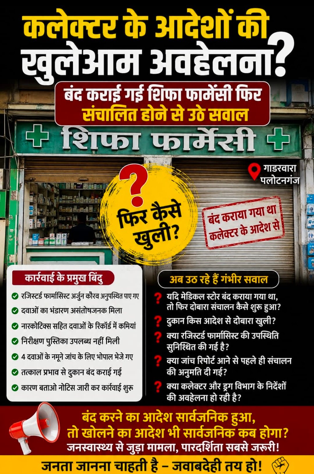 गाडरवारा में प्रशासन को खुली चुनौती: सील होने के बावजूद फिर से खुली 'शिफा फार्मेसी'