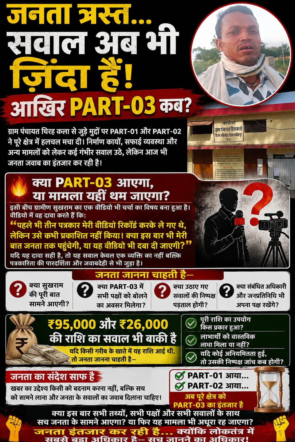 गाडरवारा जनता त्रस्त... सवाल अब भी ज़िंदा हैं! आखिर PART–03 कब?   ग्राम पंचायत चिरह कला से जुड़े मुद्दों पर जारी PART–01 और PART–02 ने पूरे क्षेत्र में हलचल मचा दी।