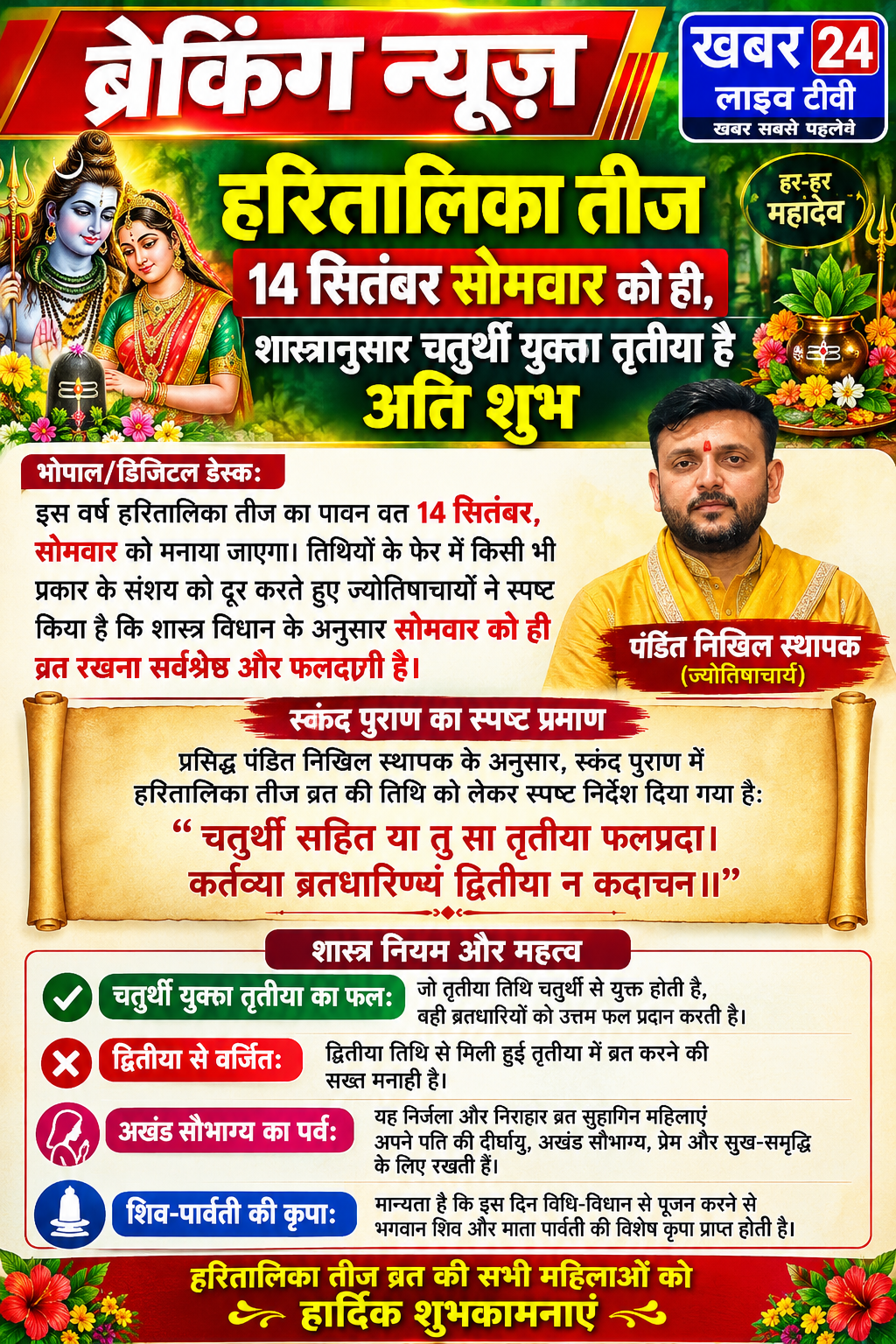 हरितालिका तीज 14 सितंबर सोमवार को ही, शास्त्रानुसार चतुर्थी युक्ता तृतीया है अति शुभ ​भोपाल/डिजिटल डेस्क: इस वर्ष हरितालिका तीज का पावन व्रत 14 सितंबर, सोमवार को मनाया जाएगा।