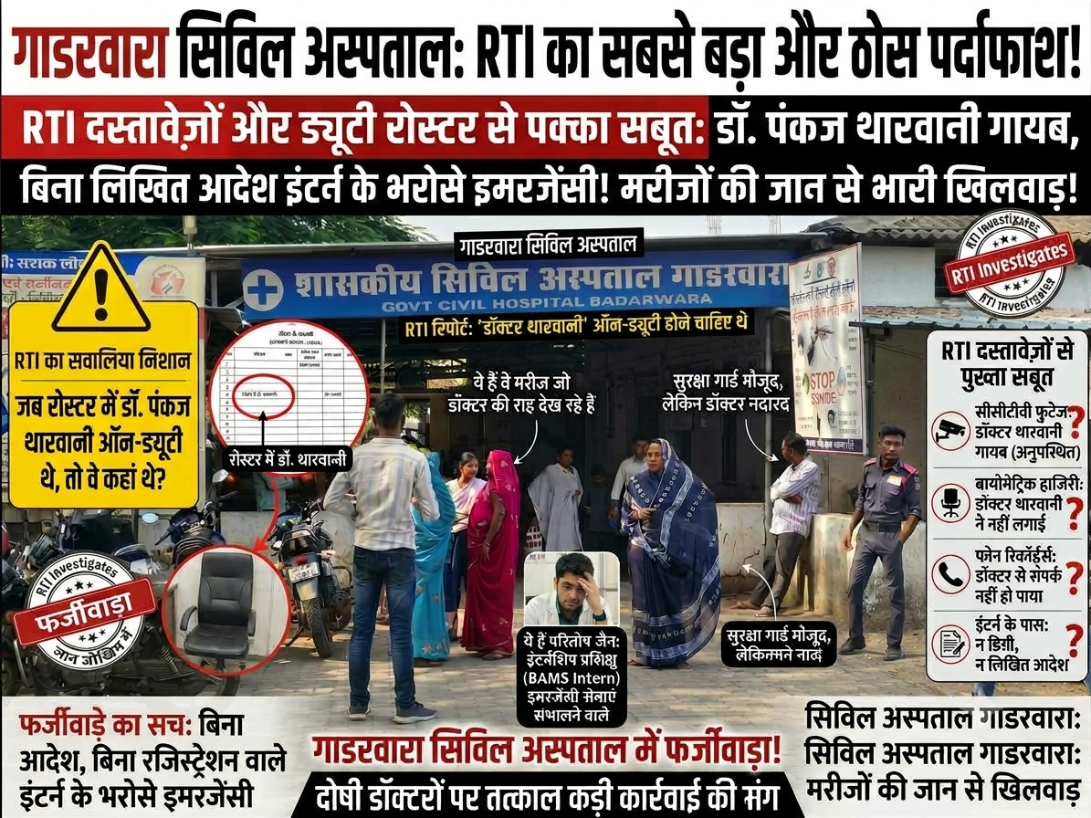 नरसिंगपुर सिविल अस्पताल गाडरवारा में बड़ा फर्जीवाड़ा: रोस्टर में ऑन-ड्यूटी डॉक्टर गायब, बिना योग्यता और लिखित आदेश के इंटर्न संभाल रहे थे इमरजेंसी
