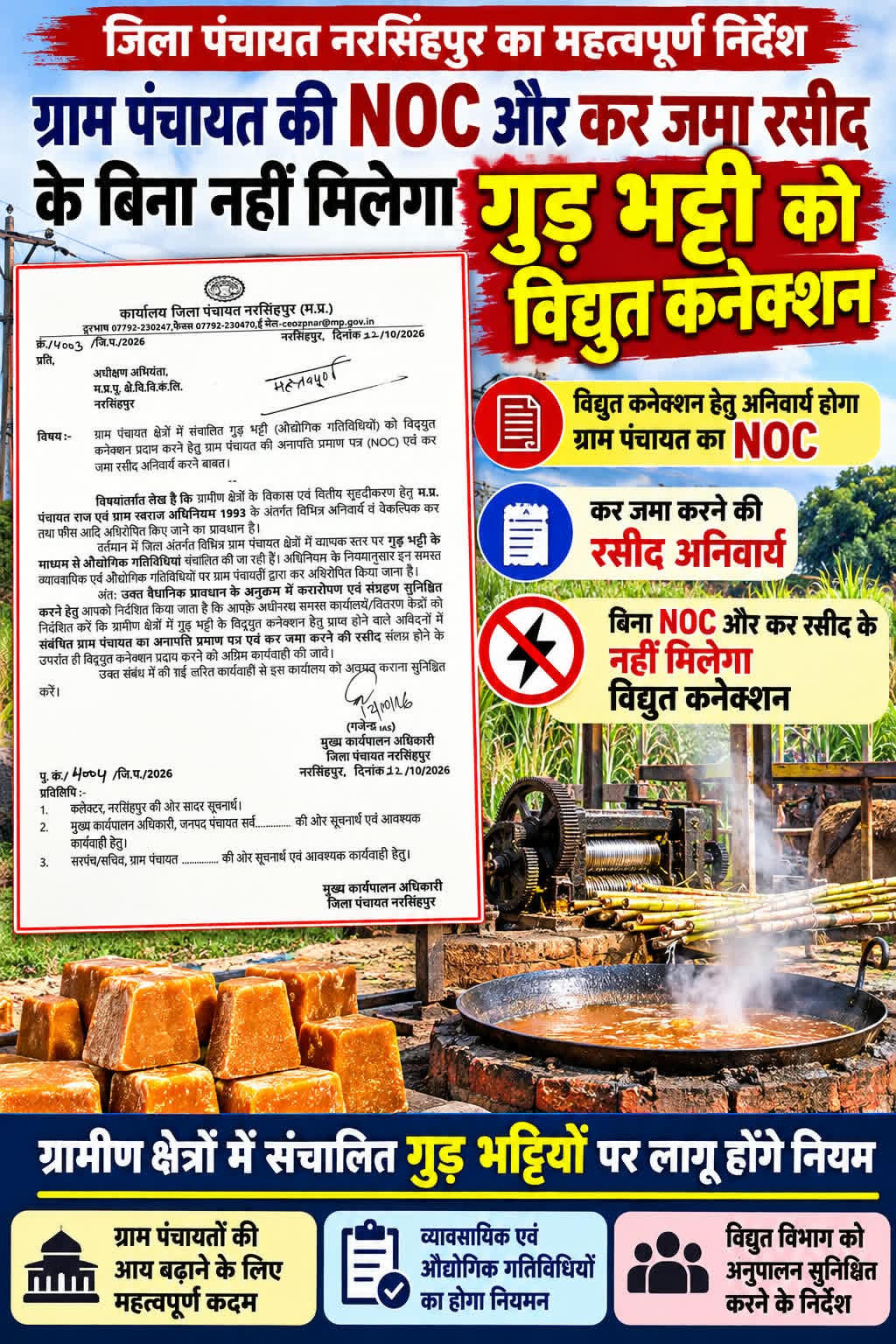 ग्रामीण क्षेत्रों में गुड़ भट्टियों को बिजली कनेक्शन के लिए अब ग्राम पंचायत की NOC और कर जमा रसीद अनिवार्य  जिला पंचायत नरसिंहपुर के मुख्य कार्यपालन अधिकारी ने विद्युत विभाग को जारी किए निर्देश,