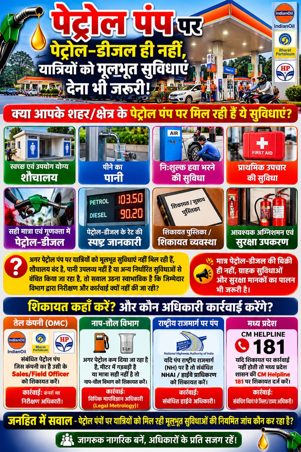पेट्रोल पंप पर पेट्रोल-डीजल ही नहीं, यात्रियों को मूलभूत सुविधाएं देना भी जरूरी  शौचालय, पीने का पानी, फ्री हवा और प्राथमिक उपचार जैसी सुविधाओं को लेकर जागरूकता जरूरी  मध्य प्रदेश।
